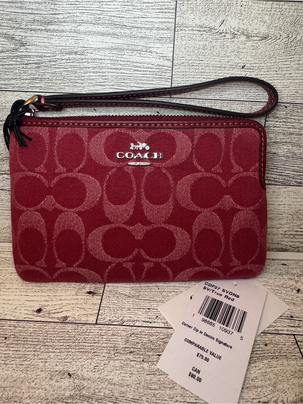 COACH Corner Zip Wristlet Red Signature Denim